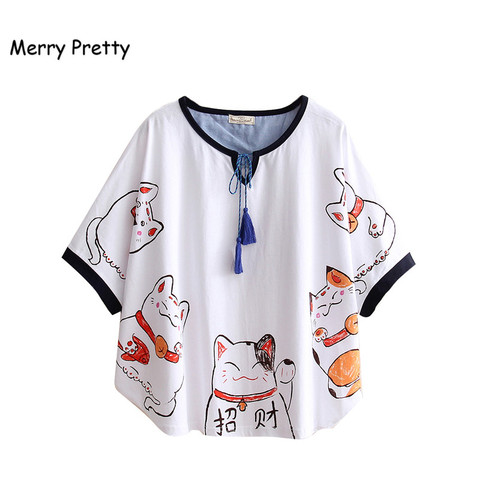 Women Cartoon Lucky Cat Print Japan Style Harajuku T Shirts 2022 Summer Short Sleeve O-Neck Cotton Tops Tees Femme Capes T Shirt ► Photo 1/1
