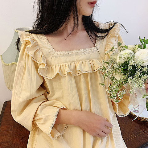 Women's Lolita Dress Cream-colored Square Neck Princess Sleepshirts Vintage Ladies Nightgowns Nightdress Cute Lounge Sleepwear ► Photo 1/6