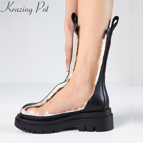 Krazing Pot leather winter shoes big size med heels thick bottom motorcycles snow boots fur warm platform concise ankle boots ► Photo 1/6