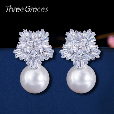 ThreeGraces Famous Designer Jewelry Sparkling Snow Flower Cubic Zirconia Crystal Setting Big Pearl Stud Earrings for Women ER020 ► Photo 1/1