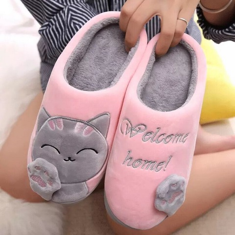 PUIMENTIUA Women Winter Home Slippers Cartoon Cat Shoes Non-slip Soft Winter Warm House Slippers Indoor Bedroom Lovers Couples ► Photo 1/6