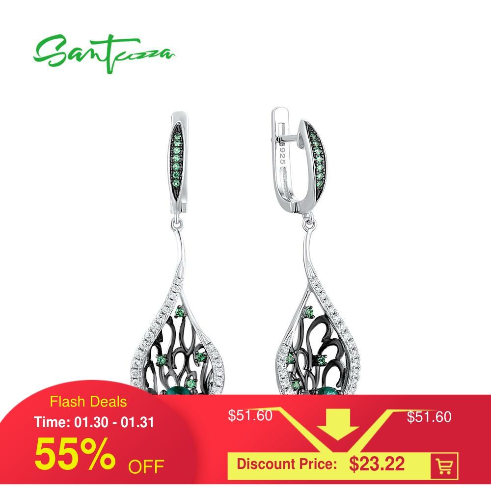 SANTUZZA Silver Drop Earrings For Women 925 Sterling Silver Shiny Green Stones White CZ Leaves Plant серьги Trendy Fine Jewelry ► Photo 1/6