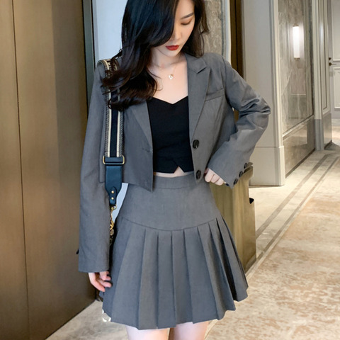 Korean Students Fashion Two Piece Set Women Crop Top Blazer Jacket Coat +  Pleated Mini Skirt Suits Slim Autumn Women 2 Piece Set - Price history &  Review