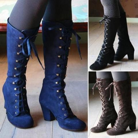 2022 Black boots women Shoes  knee high Women Casual Vintage Retro Mid-Calf Boots Lace Up Thick Heels Shoes ► Photo 1/6