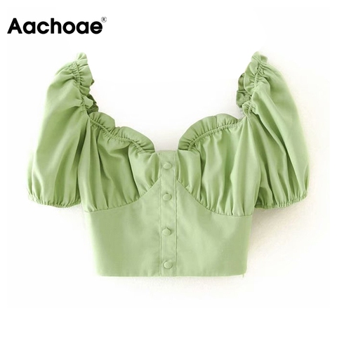 Aachoae Cotton Linen Cropped Blouses Women Chic Ruffle Short Sleeve Green Tops Sweet V Neck Solid Casual Blouse Shirt Blusas ► Photo 1/6