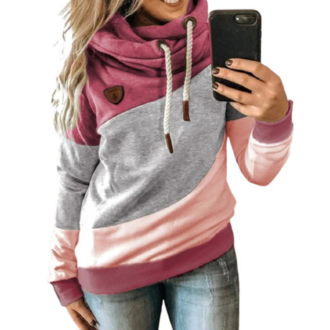 Autumn Women Three-Color Stitching Drawstring Hooded Casual Fashion With Cap Collar Long Sleeve Tops Plus Size Black Sweatshirt ► Photo 1/6