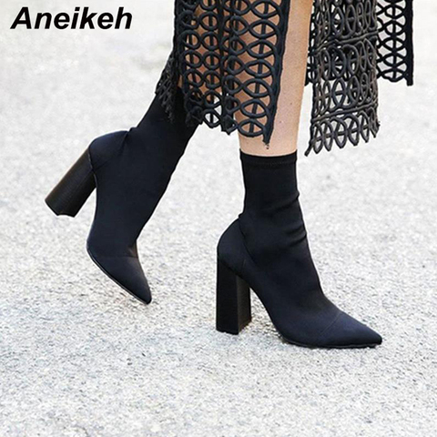 Aneikeh Slim Stretch Ankle Boots for Women Pointed Toe Sock Boots Square High Heel Boots Shoes Woman Fashion Bota Feminina 41 ► Photo 1/6