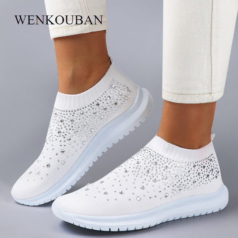 Women Flats Sneakers Crystal Fashion Bling Sneakers Casual Slip On Sock Trainers Summer Women Vulcanize Shoe Zapatillas Mujer ► Photo 1/6