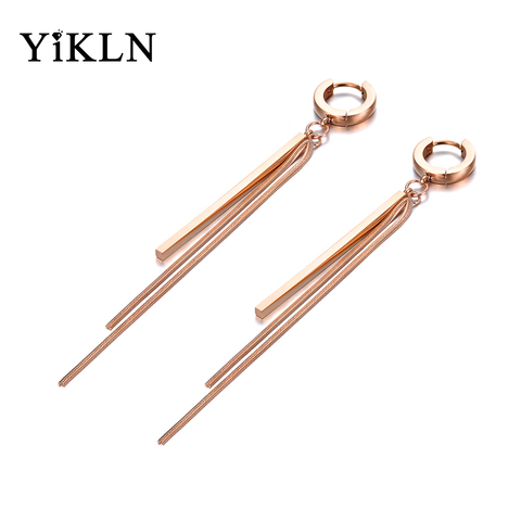 YiKLN Simple Rose Gold Long Strip & Chain Tassel Earrings For Women Girls Titanium Steel Bohemia Party Hoop Earrings YE19228 ► Photo 1/5