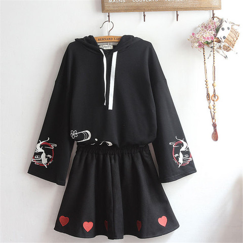 harajuku anime hoodies skirt Fushimi Inari Shrine fox printed Women Lolita Girls' Japanese spring Black Short Top Set ► Photo 1/6