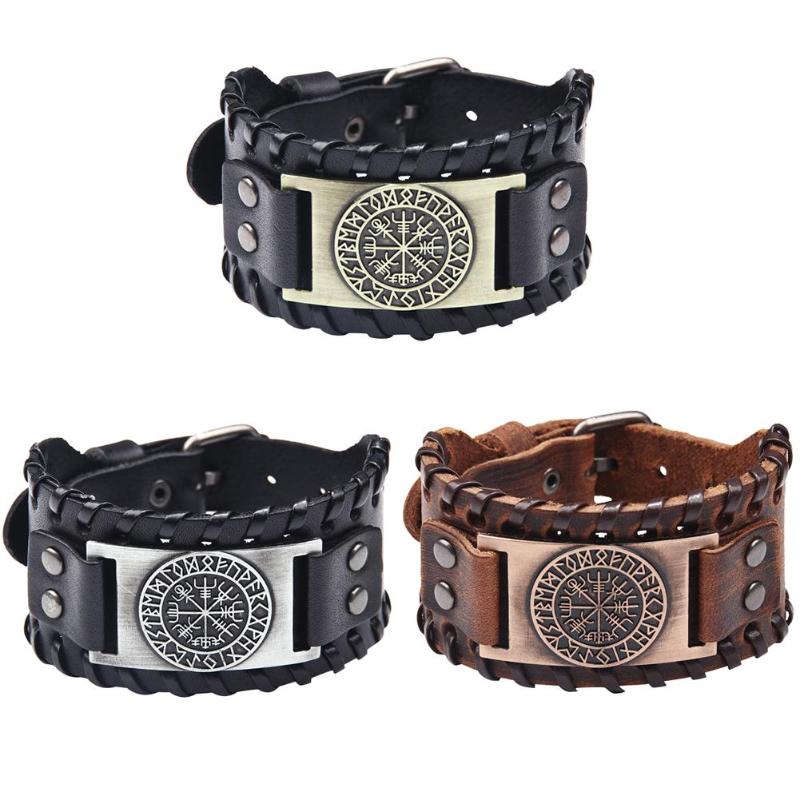 Vintage Nordic Viking Rune Vegvisir Compass Charm Cuff Bracelet for Men/Women Gift Jewelry