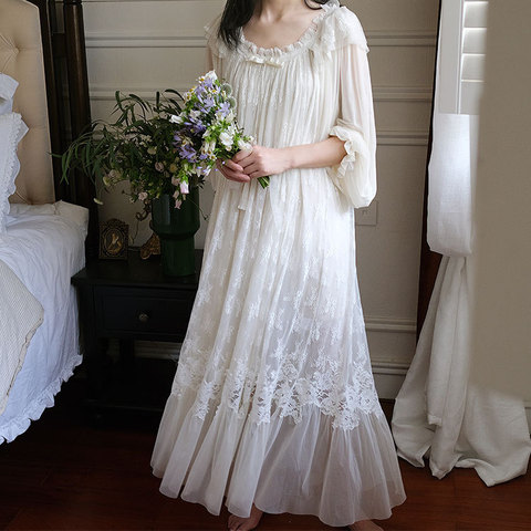 Nightgown Lady Sleepwear  Lace Sweet Night Dress Princess Women Nightdress Medieval Palace Style ► Photo 1/6