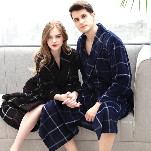 Men Winter Plaid Plus Size Long Coral Fleece Bathrobe 40-130KG Warm Flannel Bath Robe Kimono Robes Dressing Gown Night Sleepwear ► Photo 1/6