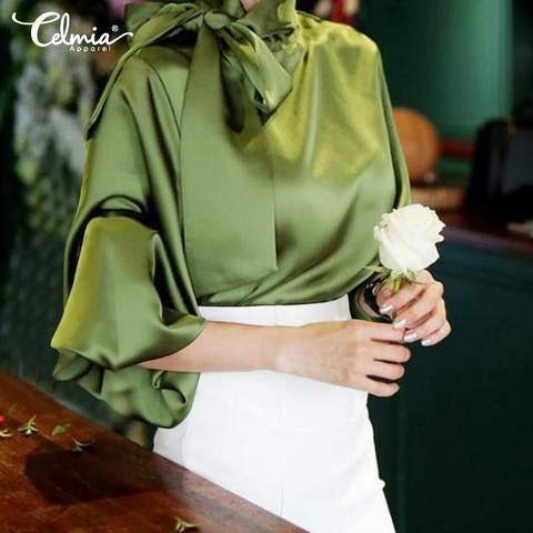 Women Elegant OL Satin Blouses Celmia Fashion Office Shirts 2022 Autumn Long Lantern Sleeve Casual High Collar Bow Tie Lady Tops ► Photo 1/6