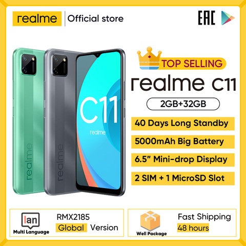 Realme C11 Mobile Phones 6.5inch 5000mAh Big Battery 40days Long Standby 3-Card Slot Android Smartphone 13MP Camera Telephone ► Photo 1/6