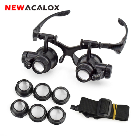NEWACALOX 10X 15X 20X 25X Portable Head Wearing Magnifying Glass Double Eye for Jewelry Watch Repair Tools with 2 LED/8 Lens ► Photo 1/6