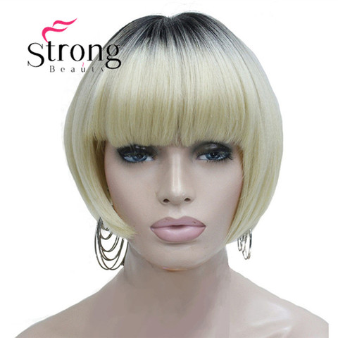 StrongBeauty Neat Bang Short Bob style Wig Blonde Ombre And dark Root Synthetic Natural Full Wigs ► Photo 1/5