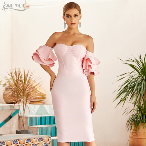 Adyce 2022 New Summer Women Pink Off Shoulder Bodycon Bandage Dress Sexy Butterfly Short Sleeve Celebrity Runway Party Dresses ► Photo 1/6