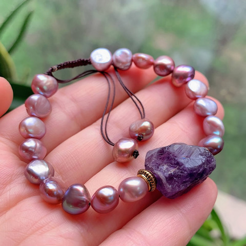 Raw Mineral Amethysts Bracelets Crystal Quartz Charm Shining Purple Baroque Pearls Elegant Natural Freshwater Pearl Bracelets ► Photo 1/6