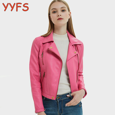 Women Motorcycle Faux Leather Jackets Ladie 2022 New Short Pink PU Jacket Autumn Biker Streetwear Black Slim Zipper Coat ► Photo 1/5