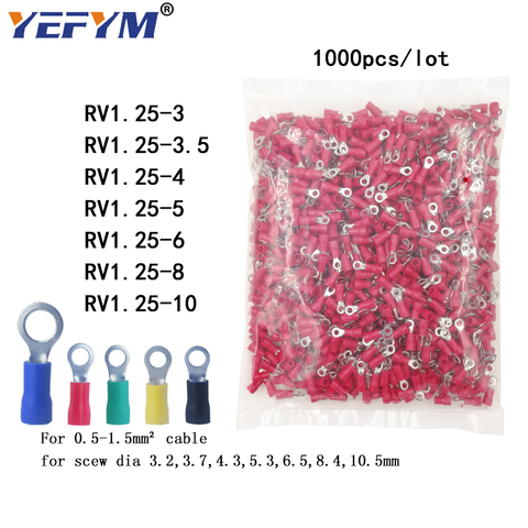 1000PCS/pack ring crimp insulation terminal RV1.25-3 RV1.25-4 RV1.25-5 RV1.25-6 8 10 for 0.5-1.5mm2 wire cable connector ► Photo 1/6