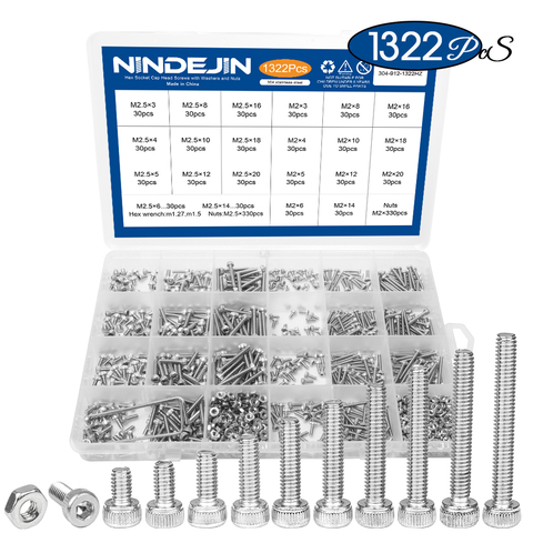 NINDEJIN 1322pcs/set Hexagon Socket Head Cap Screw and Nut Stainless Steel M2 M2.5 Hex Socket Countersunk Button Head Screw Set ► Photo 1/6