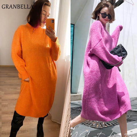 Loose Knitted A-line Sweater Dress Fashion Candy Color Women's Knitted Dresses Autumn Wild Female Pullover Sweaters ► Photo 1/6