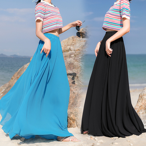 Bohemia Long Skirts Women Stretch High Waist Solid Chiffon A-Line Skirt Casual Pleated Maxi Skirt Faldas Saias Streetwear 0.6KG ► Photo 1/4