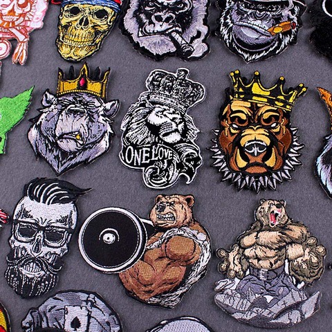 Punk Patch King Lion Bear Embroidery Patch Iron On Patches For Clothes Embroidered Patches For Clothing Applique Skull Badge DIY ► Photo 1/6