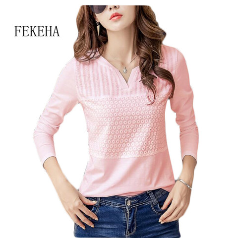 FEKEHA White T-shirt Women Spring Autumn Cotton Female Long Sleeve T Shirts V-Neck Ladies Tops Casual Tees Plus Size 3XL ► Photo 1/6