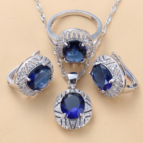 925 Sterling Silver Bridal Costume Big Jewelry Sets With Natural CZ Blue Dangle Clip Earrings And Ring 3 Piece Set For Women ► Photo 1/6