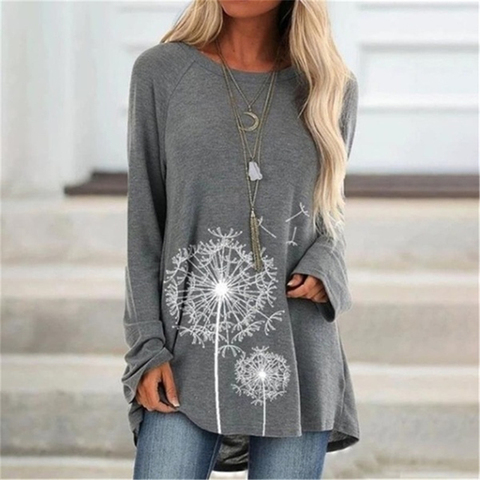 Women Fashion Clothes Flower Printed Casual Round Neck Long Sleeve Loose Cotton T-shirts Pullover Tunic Plus Size XS-8XL ► Photo 1/6