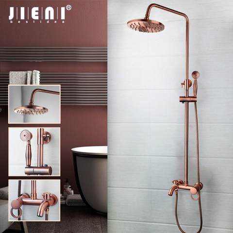 JIENI Antique Copper Bathroom Shower Set Rainfall Shower Head Bath Shower Mixer Set 3 Functions W/Hand Shower Tap Faucet ► Photo 1/6