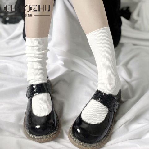 CHAOZHU Black White Jk Uniform School Girls Lolita Cosplay Accessories Socks Girls Cotton Knitting Lace Top Loose Rib Sockken ► Photo 1/6