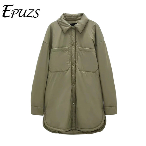 Winter Fashion New Arrival Turn Down Collar Long Sleeve Shirt Coats Black Green Women Parkas With Pockets Mujer Solid Jackets ► Photo 1/6