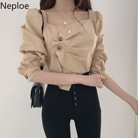 Neploe Chic High Waist Slim Fit Short Blouse Pleated Irregular Solid Blusas Mujer Autumn Spring Sexy Exposed Collarbone Shirt ► Photo 1/6