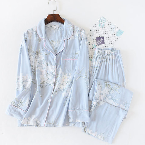 Japanese style new spring and summer women's pajamas cotton silk long-sleeved trousers suit flower printing home service suit ► Photo 1/6