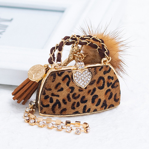 2022 New Luxury Leopard Print Mink Fur Ball Handbag Keychains For Women Bag Charm Pendant Fashion Keyrings Car Key Chain Ring ► Photo 1/6