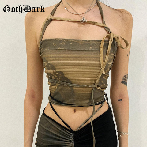 Goth Dark Punk Gothic Camis Grunge Lace Up Off Shoulder Women Crop Tops Hip Hop Bodycon Sleeveless Vintgae Print 90s Streetwear ► Photo 1/6