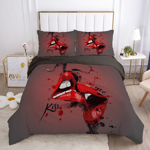 Luxury Y Red Lips Print Duvet Cover, Luxury California King Bedding Sets