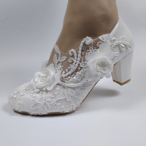 2022 New arrival Women wedding shoes Bridesmaid Dress shoes Thick Heeled Med Heel Shoes white Lace shoes flower female shoes ► Photo 1/5