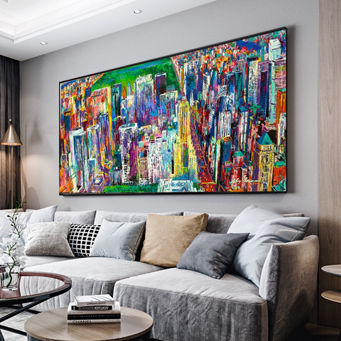 WANGART Large Size abstract city  Oil Painting Manhattan Panorama Wall Decor Blue Painting for Print Wall Picture no frame ► Photo 1/6