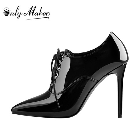 Onlymaker  Women's Pointed Toe Sexy 10CM High Heel Lace-up Stiletto Black Patent Leather Black Sole  Boots ► Photo 1/6