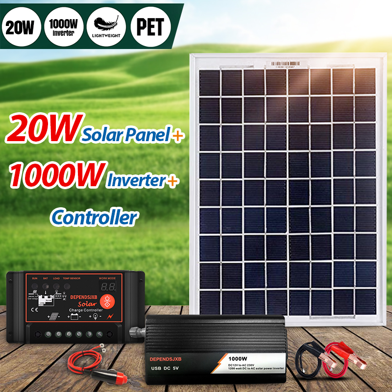 1000W Inverter 12V 24V Digital Controller 18V 20W Solar Panel Power System