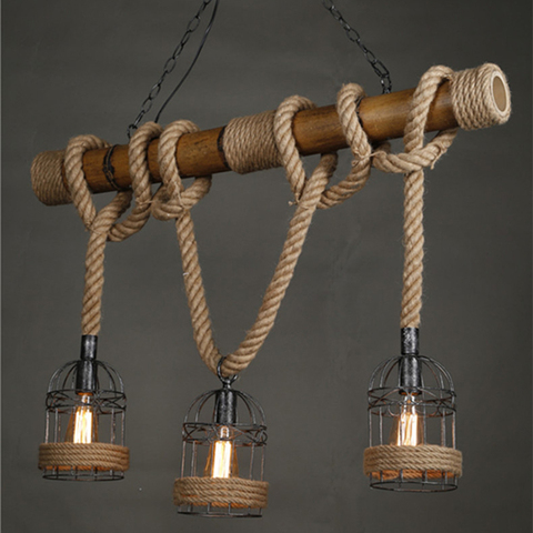 Bamboo Wood Industrial Pendant Lights Kitchen Shop Bar Lights LED Hemp Rope Hanging Lamp Ceiling Lamps Bedroom Lighting Fixtures ► Photo 1/6