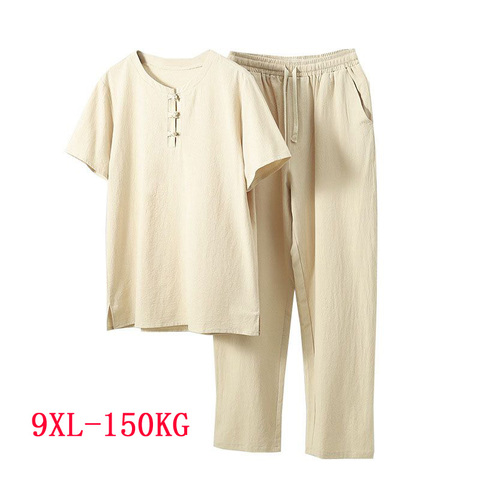 Summer men shirt 5XL 6XL 7XL 8XL 9XL Bust 155cm plus size linen large size shirt with pants men 5 colors ► Photo 1/6