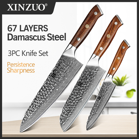 XINZUO 3 PCS Kitchen Knives Sets Japanese VG 10 Damascus Steel Knife Chef Gyuto Knife Stainless Steel Cleaver ► Photo 1/6