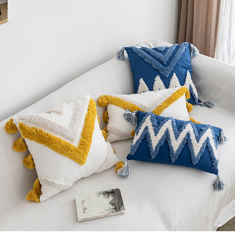 Handmade Cushion Cover Moroccan Style Abstract Zigzag Navy Blue Pillowcase Tassels Fringe Square Rectangle Pillow Cover 45x45cm/30x50cm Home Decoration Mustard ► Photo 1/6