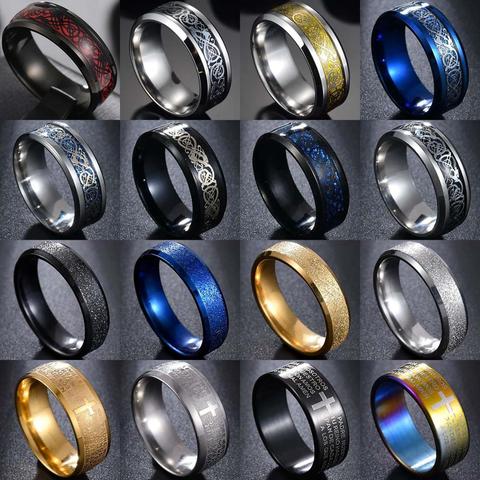 8 Colors in Stainless Steel Dragon Rings Men Jewelry Engagement Retro Vintage Rings Cross Bible Men Anel Wide 8mm/6mm ► Photo 1/6