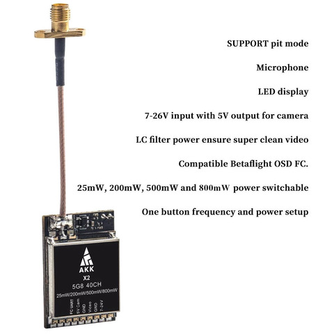 AKK X2P 5.8Ghz 40CH 0.01mW/25mW/200mW/500mW/800mW Switchable FPV transmitter with Pigtail Compatible support Betaflight OSD FC ► Photo 1/5